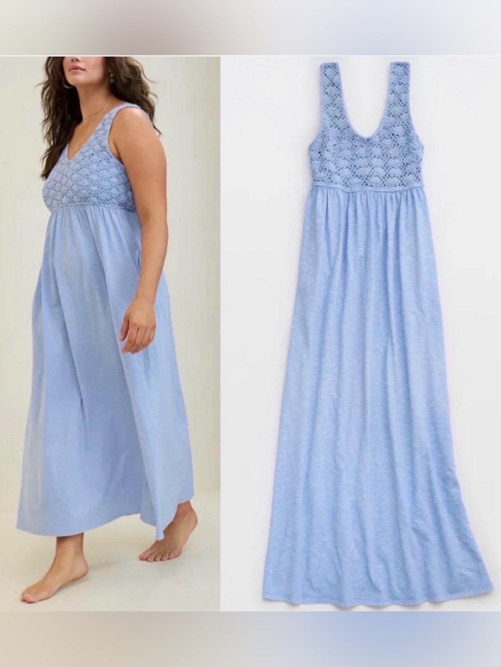 Aerie Crochet Bodice Maxi Dress Light Blue Cotton Summer Pockets Size Large
